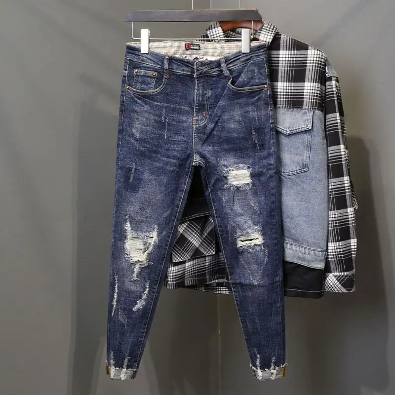 Men Jeans Ripped Jeans Ripped Patchwork Jeans New Original Spring Autumn Blue Wash Designer Distressed Ripped Knees Slim Fit Denim Jeans Whiskers Frayed Hem Men
