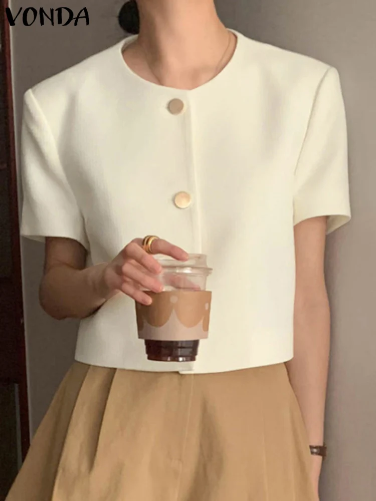 

Office Shirts 2023 VONDA Elegant Women Summer Fashion Tops Short Sleeve Buttons Casual Solid Color Blusas Femininas Blouses