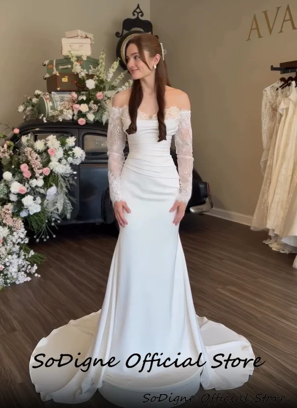 SoDigne Mermaid Satin/Lace Wedding Dresses Off Shoulder Long Sleeves Bridal Dress 2026 Bride Gown vestidos de novia Customized 14 S253bcdb920f64c26bb1fa48df108423aZ