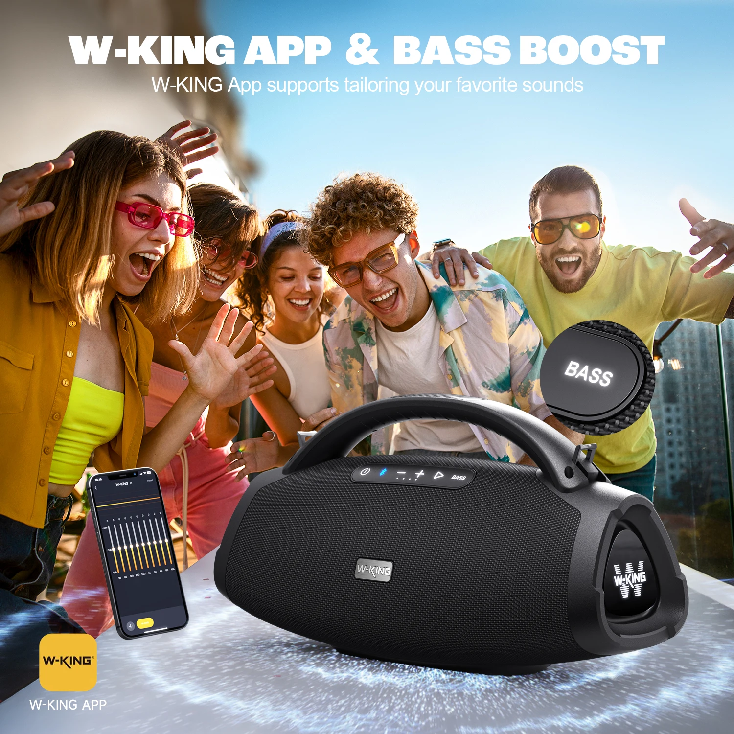 Bluetooth Speaker W-KING 200W RMS Portable Bluetooth Speakers Massive Bass Party Boombox IPX7 Waterproof Large Loud Outdoor