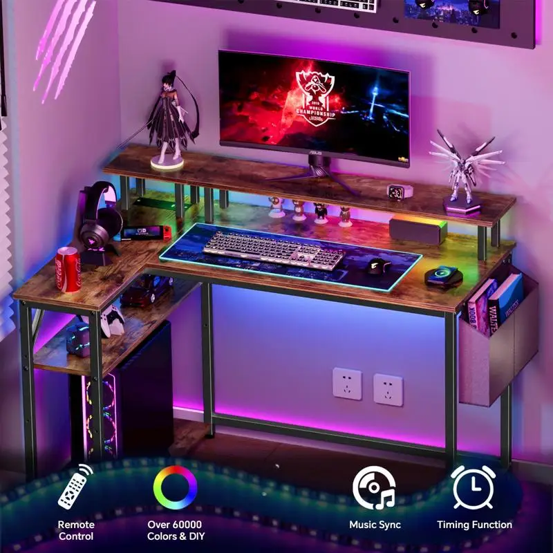 

L Shaped Gaming Desk with LED Lights & Power Outlets Computer with Hutch Office with Storage Shelf， 47 Inch Office