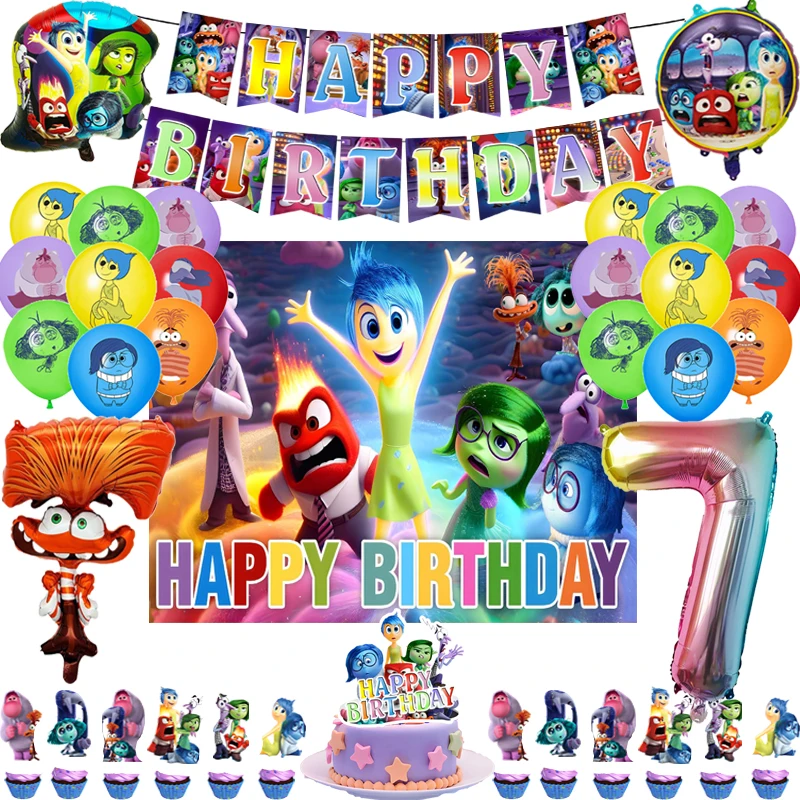 thumbnail image 1 of Kit de vajilla con temática de dibujos animados para decoración de fiestas de cumpleaños de Inside Out 2, globos, alegría y tristeza, suministros para niños, niños y niñas, juguetes de regalo, 1 of 5