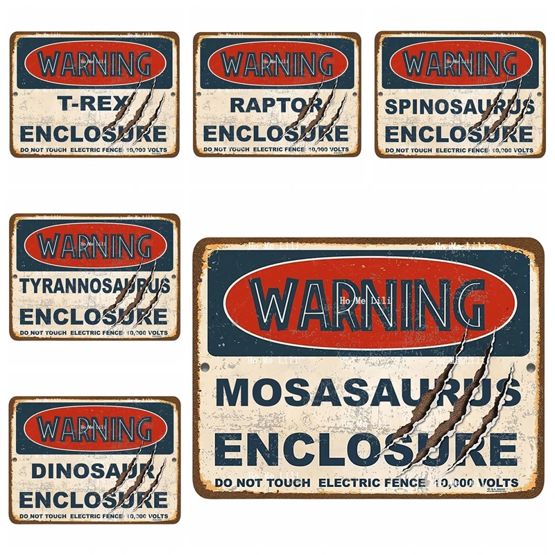 Avvertimento Mosasaurus Spinosaurus Raptor Tyrannosaurus Dinosaur Enclosure Metal Sign Vintage Placca Wall Decor