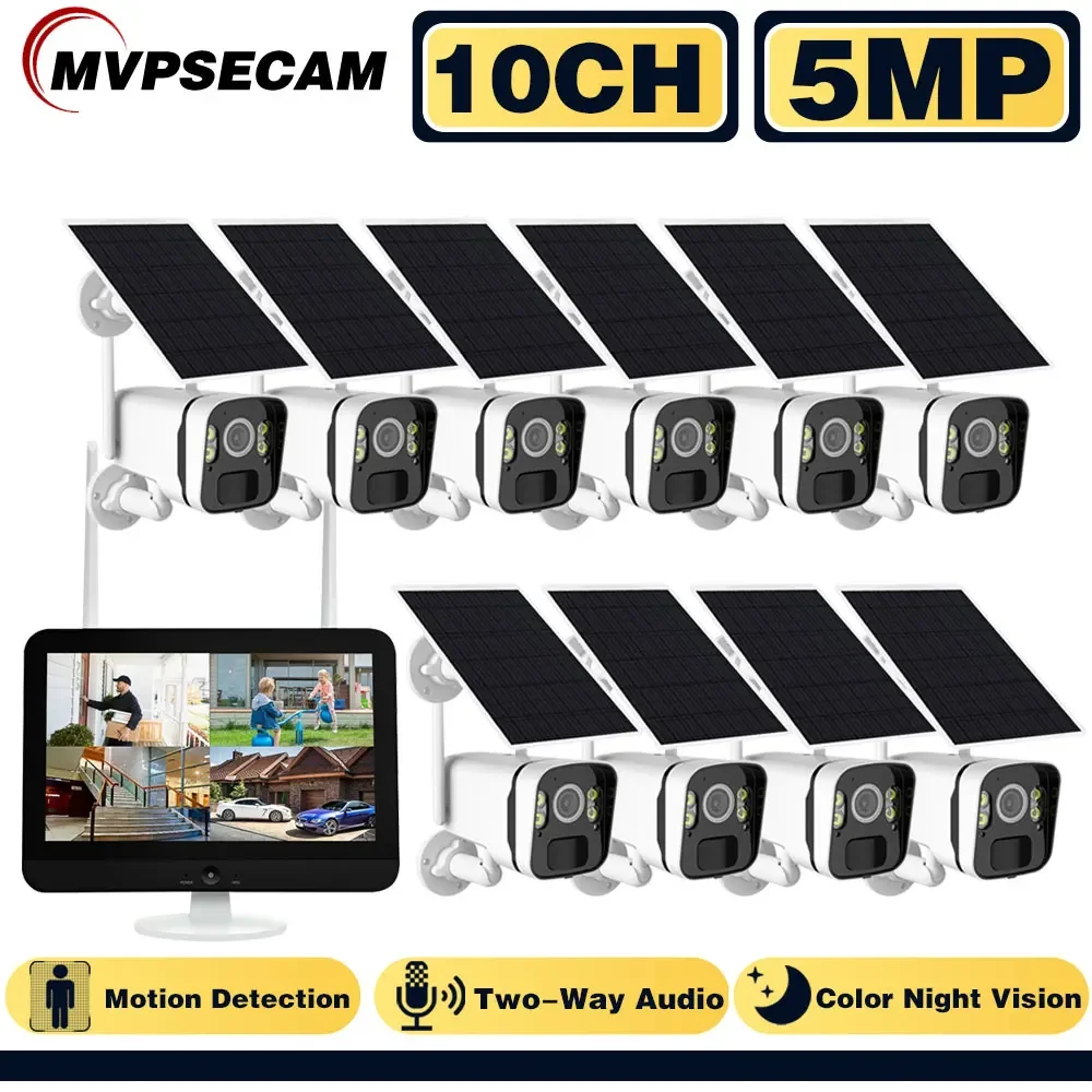 

10CH 5MP NVR Wireless Solar Panel Battery WIFI Camera WiFi NVR Video Surveillance Security System Kit With PIR Detection Monitor