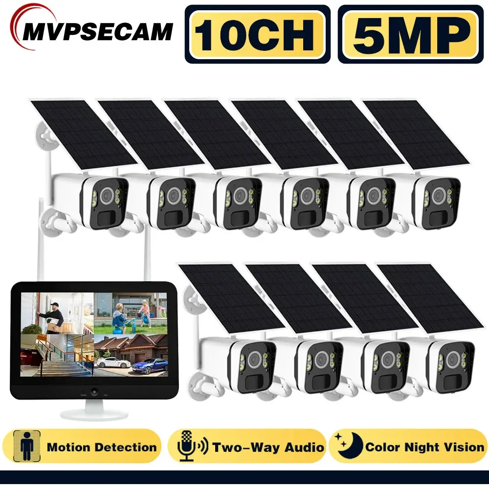 10Ch 5Mp Nvr Wireless Pannello Solare Batteria Telecamera Wifi Wifi Nvr Kit Sistema Di Sicurezza Per Videosorveglianza Con Monitor Di Rilevamento Pir