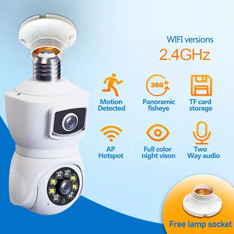 Lampadina A Doppia Lente Da 4Mp Telecamera Wifi Ptz Telecamera Di Sorveglianza Di Sicurezza A Doppio Schermo Per Interni Telecamera Di Sorveglianza Di