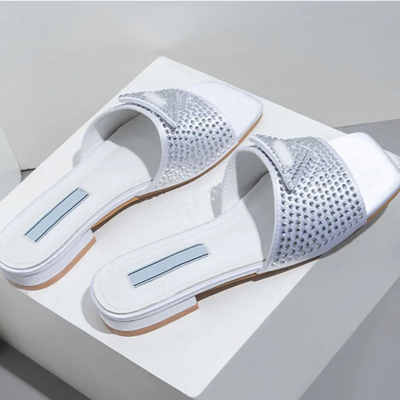 Summer Slippers Rhinestone Triangle Standard Low Heel Slippers Women Wear Internet Celebrity Slides Thick Heel Women Sandals