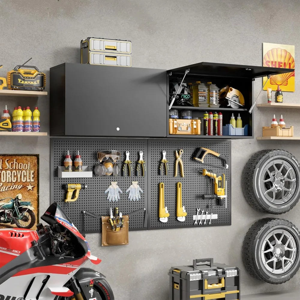 Metal Wall Storage Cabinet w Flip-Up Door Adjustable Shelf Metal Cabinet Hanging Garage Upper Cabinets Floating Lockable Steel 2