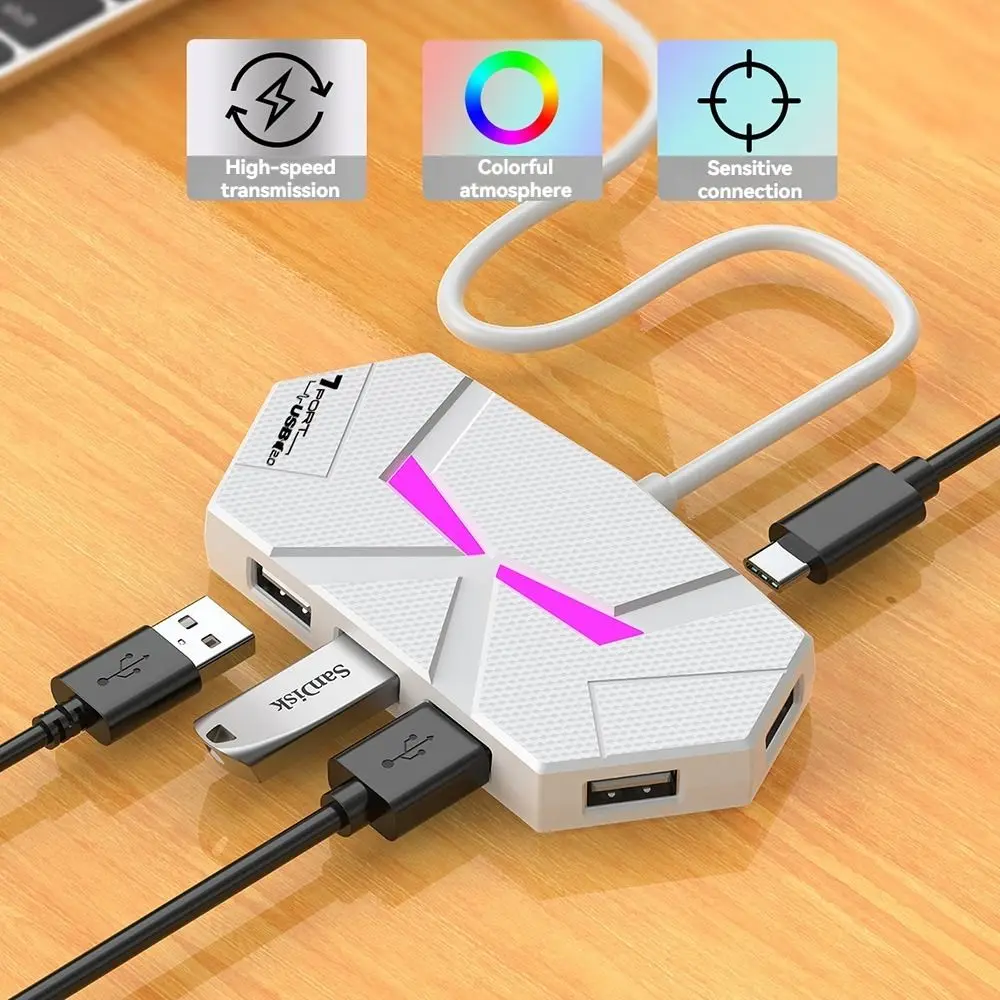 4/7 포트 USB 도킹 스테이션 유형 C 고속 전송 USB 분배기 어댑터 다기능 다채로운 조명