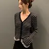 Korean Elegant Ladies Y2K Color-Block Knitted Sweater Women's Knitwear Fashion Striped Ruffle V-Neck Long Sleeve Casual Cardigan 4