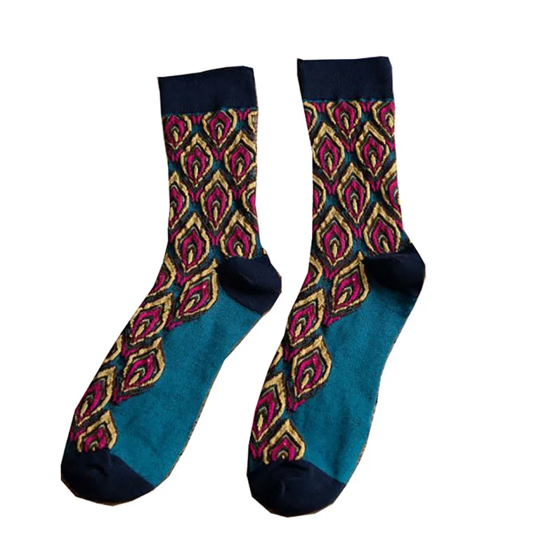 5 Paare/satz Lange Socken Frauen Vintage Luxus Herbst Winter Neue Pfauenfeder Muster Harajuku Stil Socken Chaussette Femme – Detail 2
