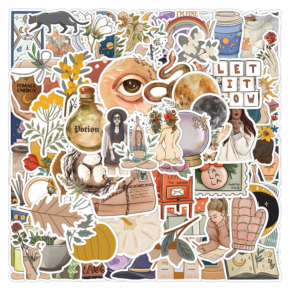 10/30/50/100pcs Artsy Bohemian Cartoon Stickers Aesthetic Vintage Decals DIY Planner Stationery Waterproof Decoration Sticker never cute alpaca binder notebook dividers bookmark korean a6 planner refill filler paper index pages office