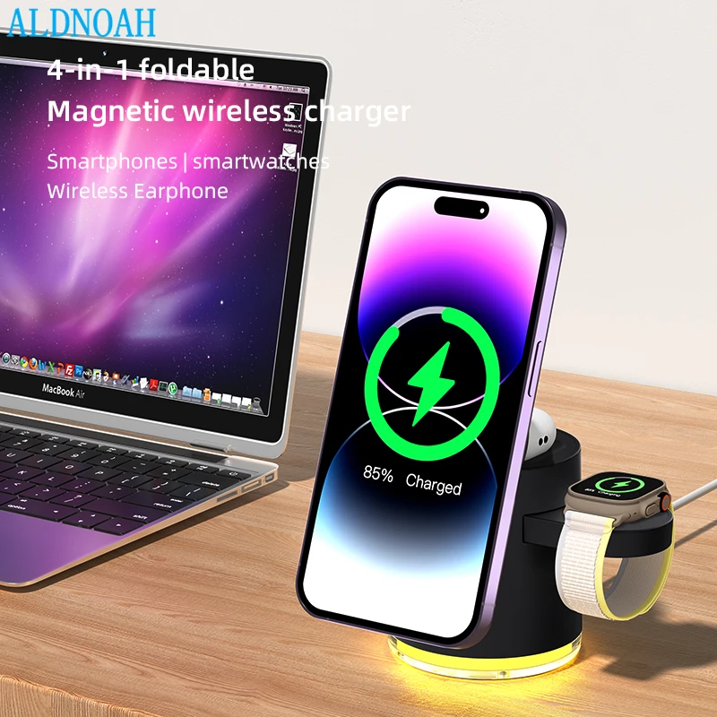 Магнитная Беспроводная зарядная станция 4 в 1 для IPhone 15 14 13 12 11 Pro Apple Watch 9 8 7 Airpods Pro, док-станция для быстрой зарядки