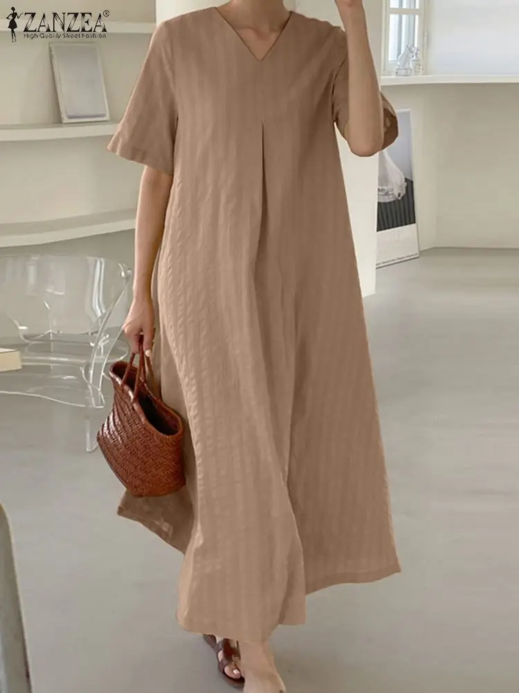 

Summer Women Long Dress Fashion Solid Party Robe V Neck Short Sleeve Sundress 2023 ZANZEA Bohemian Holiday Maxi Dresses Vestidos