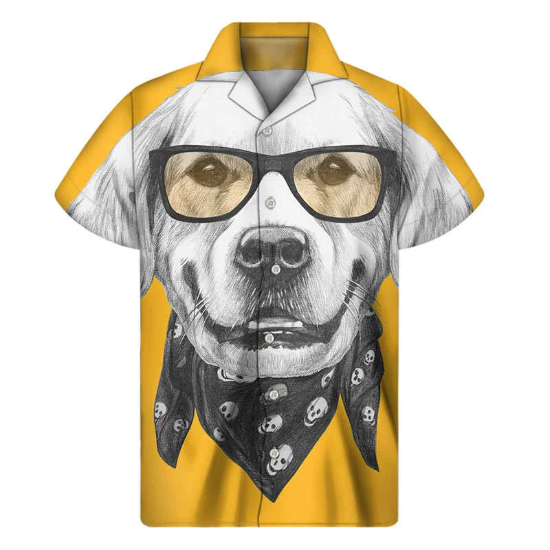 Camisa hawaiana vintage con retrato de perro para hombre, camisetas de verano de manga corta con estampado 3D de animales y mascotas, camisetas con botones, blusas con solapa