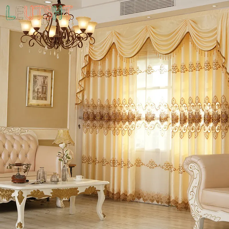 

European Style Curtains for Living Dining Room Bedroom Light Luxury Embroidered Curtains Beige Yellow Embroidered Tulle Valance