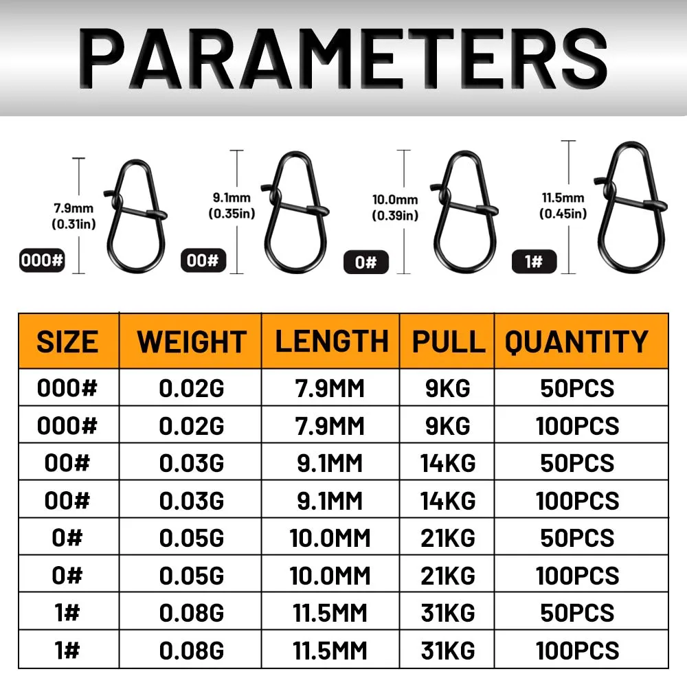 ZUKIBO 50/100pcs Bait Connector Black Swivel Stainless Steel Hook Connector Clip Fishing Accessories Against Seawater