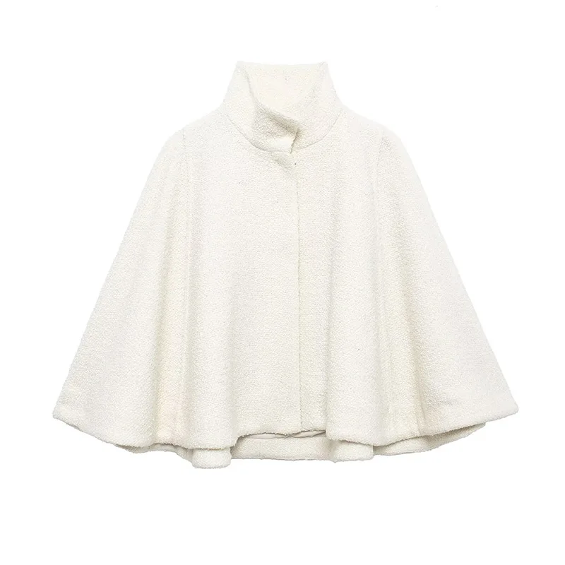 White Loose Short Cape Coat Women Autumn Winter Thick Single Buckle Batwing Sleeve Cloaks Jacket Lady Elegant Warm Outwear New