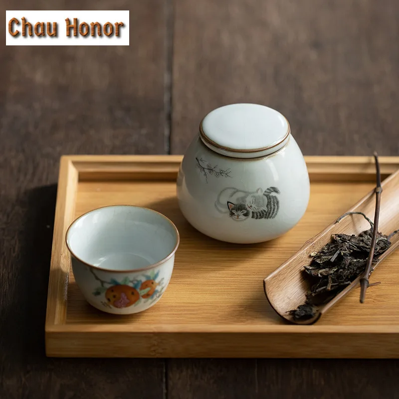 Ru Kiln White Porcelain Tea Storage Small Tea Jar Tea Box Portable Sealed Canister Storage Tank Ceramic Tea Caddy Tea Container