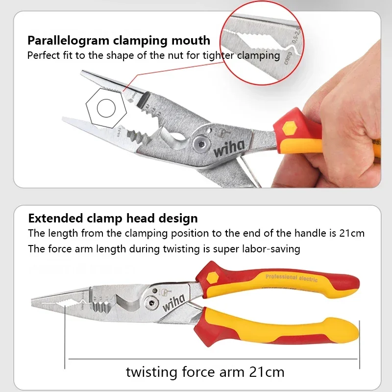 WIHA 45489 Electrician Plier 8-in-1 Multifunctional Insulated Wire Stripping Pliers Wide Handle Design Easy Operation