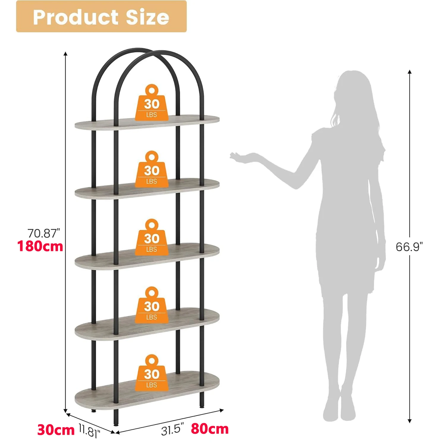 5-stufiges gewölbtes Bücherregal, 180 cm hohes industrielles offenes Bücherregal, Bücherregal aus Holz mit Metallrahmen für Schlafzimmer, Wohnzimmer, Heimbüro – Detail 19