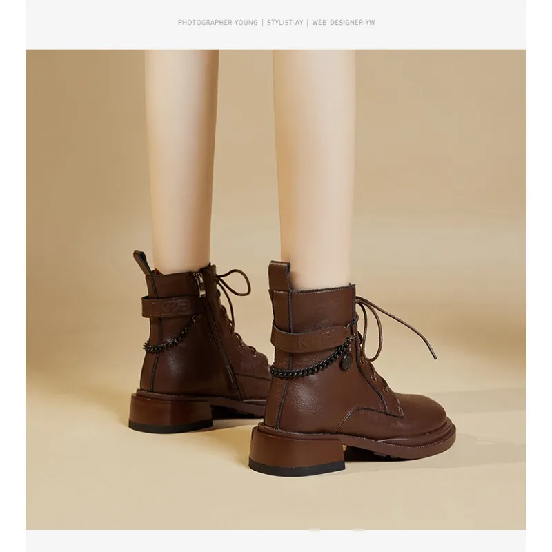 2024Fashion Shoes for Women Classic Ankle Boots for Women Winter Casual PU Lace up Square Mid Heels Solid Leather Snow Boots