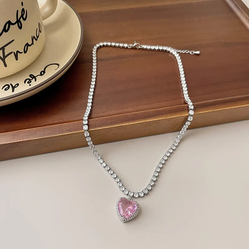 Pink Heart Pendant Necklace for Women Lovers Rhinestone