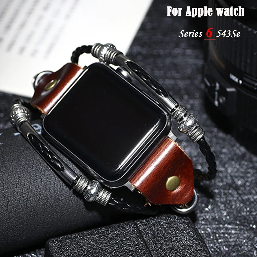 애플 워치 밴드용 가죽 스트랩, 레트로 수제 소가죽 팔찌, iWatch 시리즈 7, 6, 5, 4, 3 Se, 41mm, 45mm, 44mm, 38mm, 40mm, 42mm