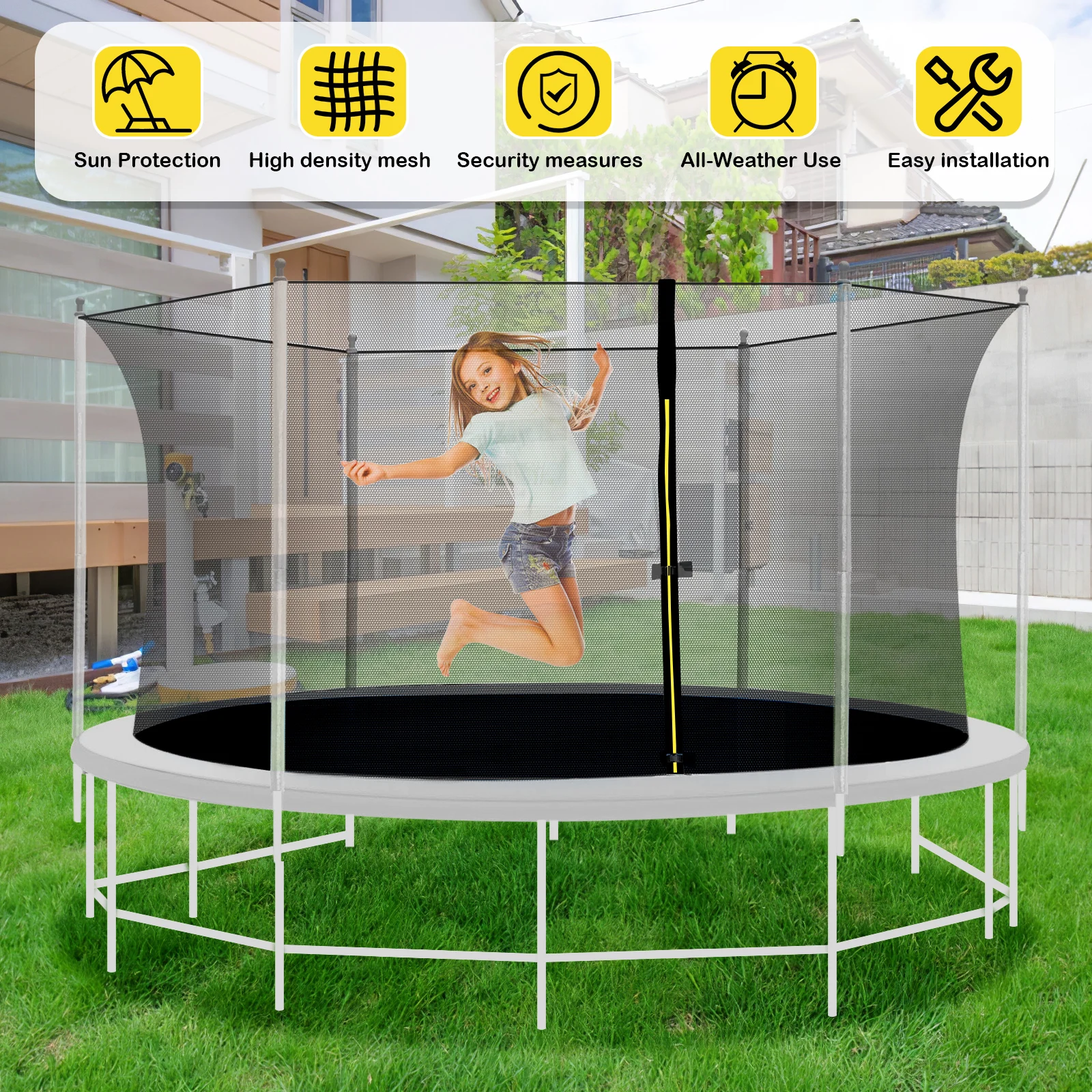 8/10/12Inch Trampoline Safety Net High Density Safety Enclosure Net with Zip & Buckle Fall Prevention Trampoline Replacement Net