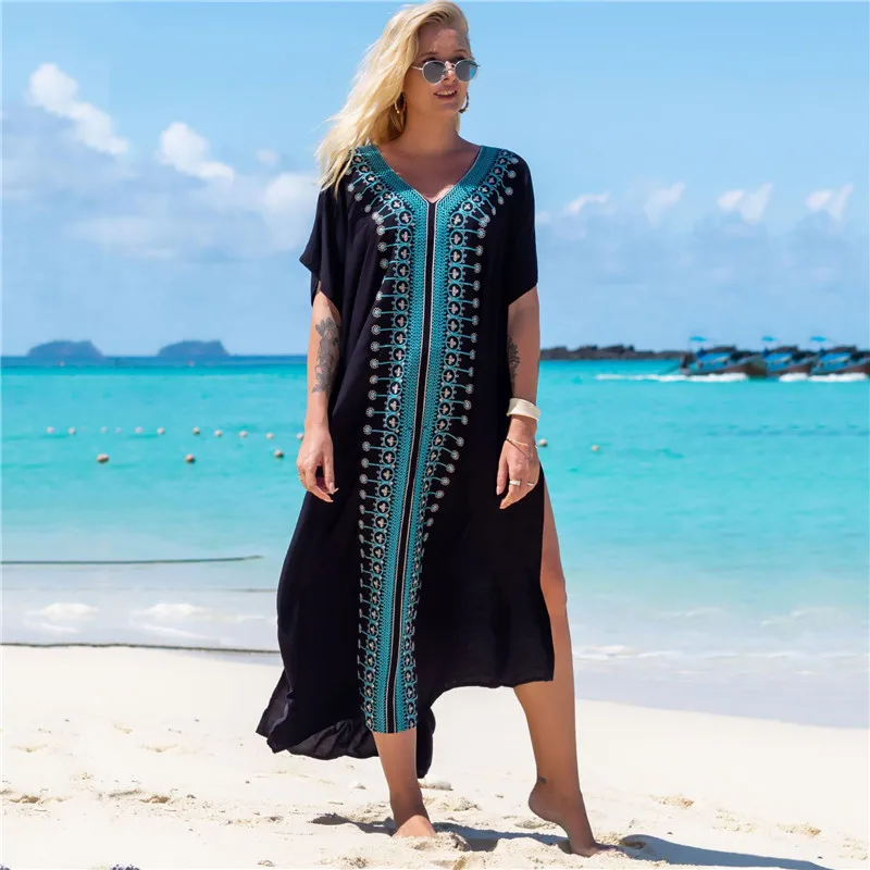 Loose Gold Embroidered Kaftan Long Black Tunic Loose Maxi Dress Women Summer Beach Wear Swim Suit Bikini Cover Up