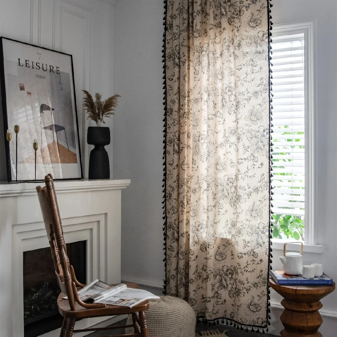 Rose cotton and linen printed semi blackout American style farmhouse wind pole pocket black tassel finished curtain 1PC 2