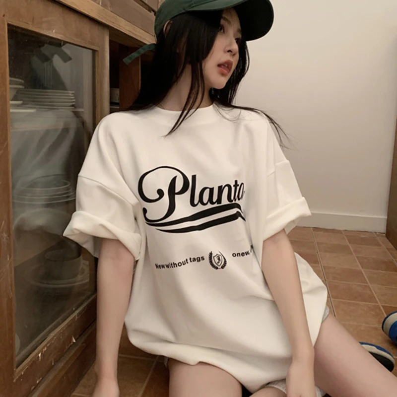 

Letter Print Summer Shirts Women O-Neck Short Sleeve Casual T-Shirts Oversized Top Tees White Cotton Korean Y2K Streetwear
