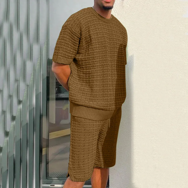 Summer Men Solid Color Two Piece Sets Short Sleeve O Neck T-shirts And Drawstring Shorts Suits For Mens Clothing Casual Outfits