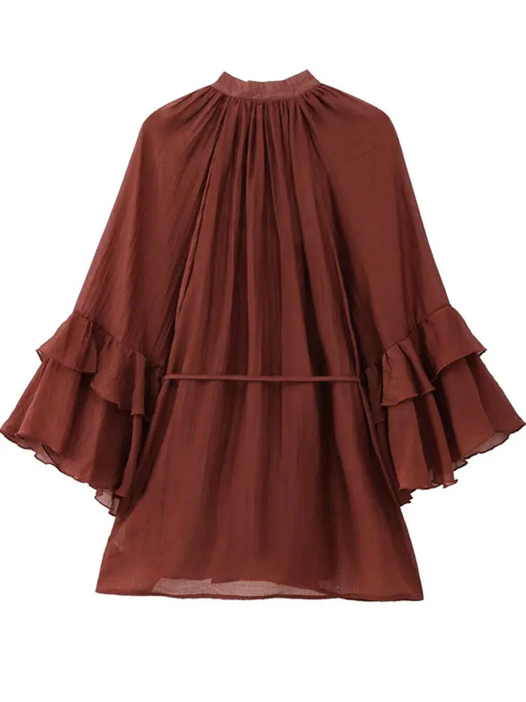 Casual Flounce Mini Dress Women Loose O Neck Long Sleeves Robe Female 2025 Spring Solid Lace Up Hollow Out Chiffon Dresses Lady 6