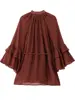 Casual Flounce Mini Dress Women Loose O Neck Long Sleeves Robe Female 2025 Spring Solid Lace Up Hollow Out Chiffon Dresses Lady 6