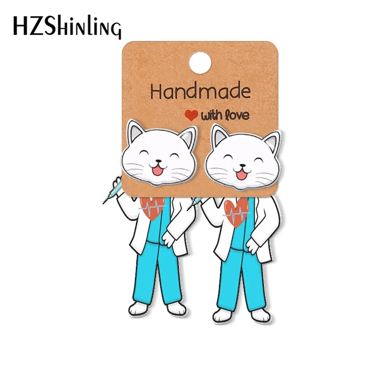 2023 Cartoon Doctor Cat Acrilico Orecchini A Clip Orecchini A Bottone Resina Epoxys Ear Jewelry