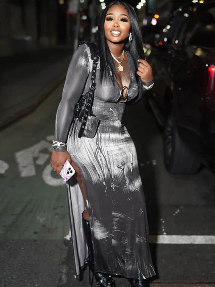 

Женское длинное платье с принтом, черное платье с длинным рукавом, V-образным вырезом и разрезом, осень 2023