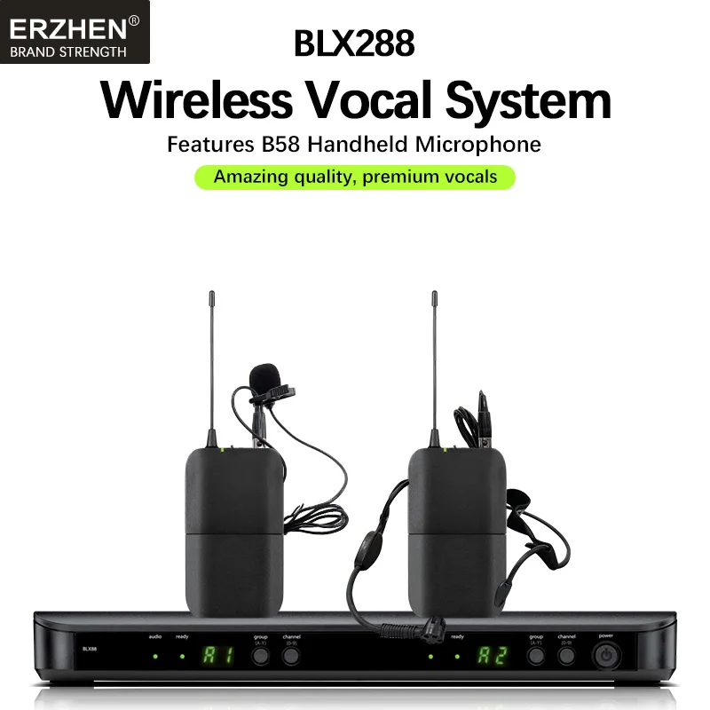 

ERZHEN Professional UHF 2-Channel Wireless Vocal Microphone UHF System Kit Karaoke Stage Performance Handheld Microphone Church