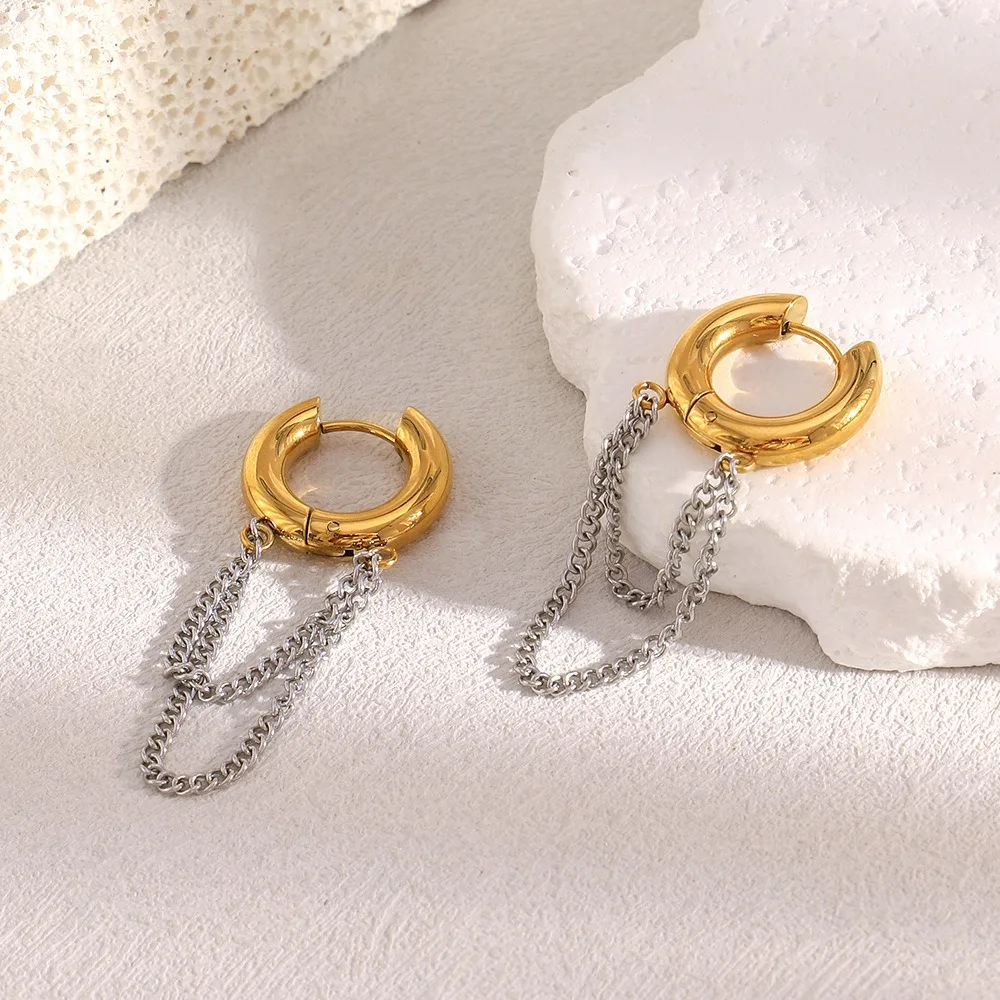 PVD Round Tube O-Shaped Hoop Earrings Double-layer Chain Huggie Drop Earring Mix Color Stainless Steel Statement Jewelry Bijoux