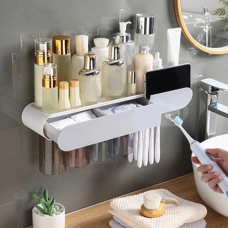 

Wall-Mounted Toothbrush Holder Toothpaste Storage Cup Rack Toothpaste Squeezer Dispenser Bathroom Organizer Accessories Set Tool