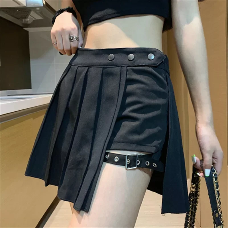 Sexy Gothic Women's Dress High Waist Irregular Pleated Punk Black Summer Dress Girls' Dress Belt Safety Pants Korean Style car safety belt extender