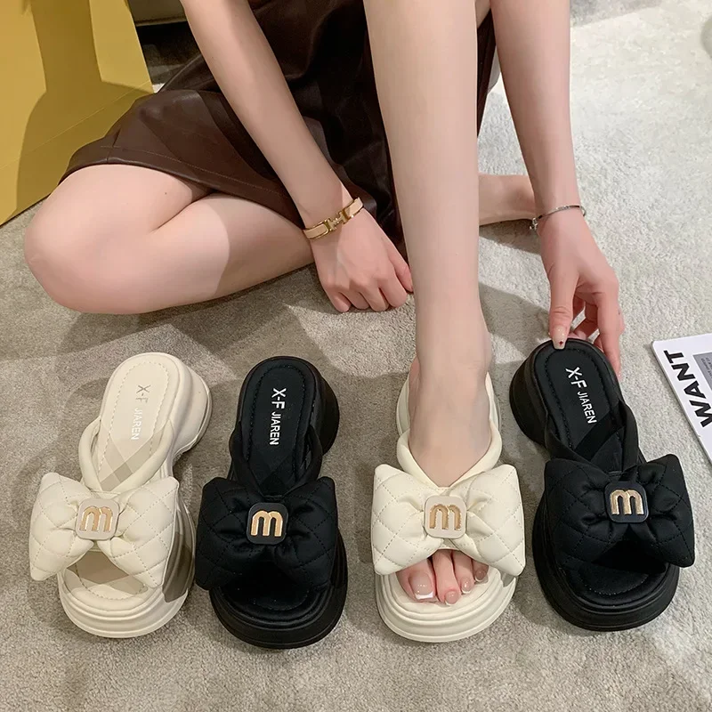 2024 New Korean Edition Casual Beach Shoes Versatile Thick Sole Sandals Women's Shoes Bow Slippers Women's Outwear Summer