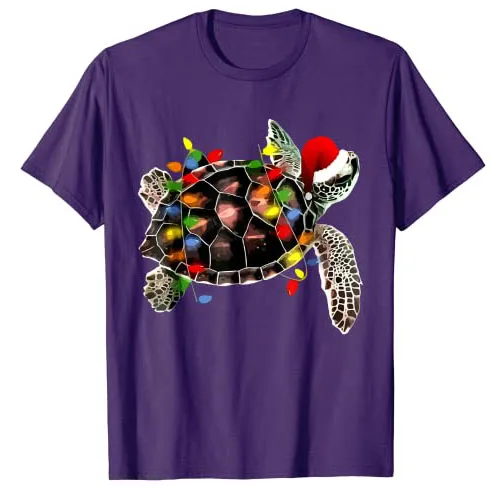 Sea Turtle Christmas Lights Funny Santa Hat Merry Christmas T-Shirt Graphic Tee Xmas Costume Family Matching Aesthetic Clothes