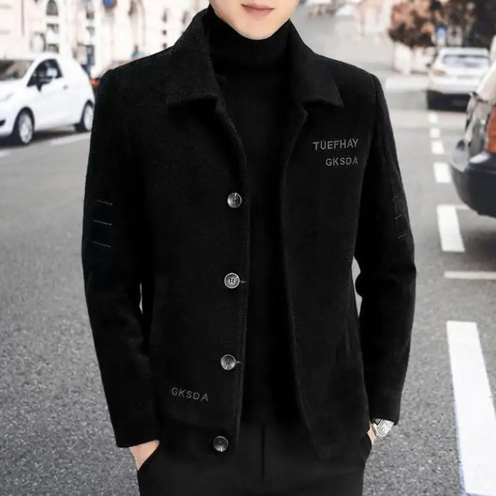 

Single-breasted Men Coat Warm Plush Coat with Embroidery Letter Print Men's Lapel Jacket for Autumn Winter Featuring Long