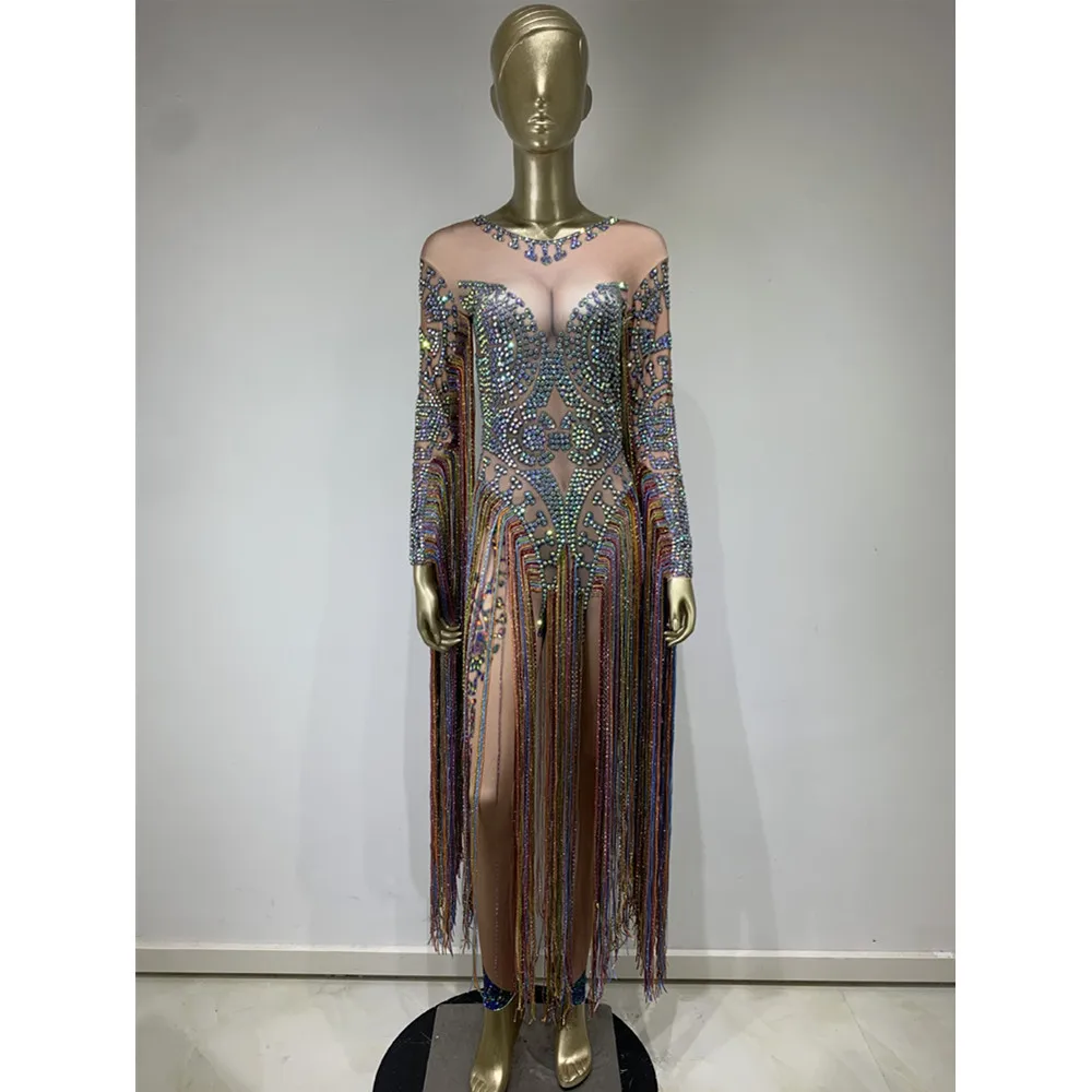 

Fashionable Elastic Slim Fitting Rhinestone Long Tassel Jumpsuit Costumes Nightclub Jumpsuit