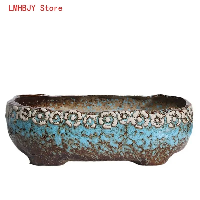 

LMHBJY Ceramic Minimalist Retro Rough Pottery Breathable Succulent Flower Pot Shallow Oval Rectangular Large Caliber Large Pot