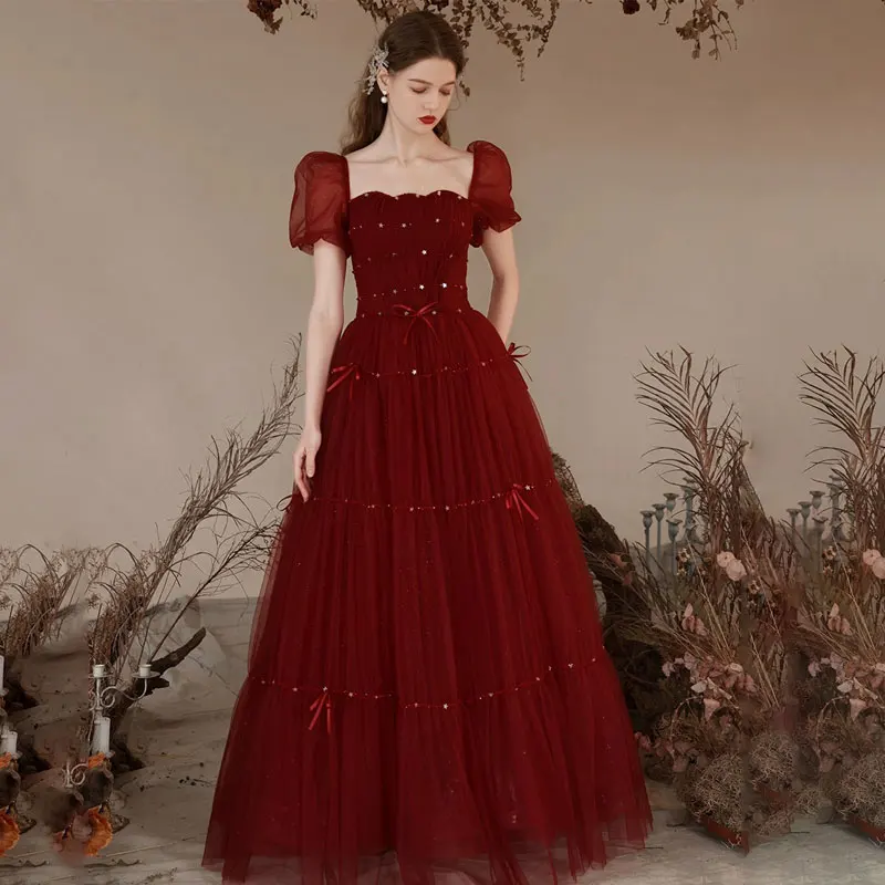 

Женское платье с квадратным вырезом, элегантное бальное платье с пышными рукавами, фатиновое платье для гостей свадьбы или подруги невесты на день рождения