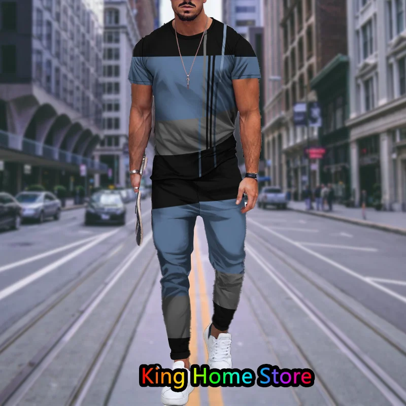 Men's Trousers Tracksuit 2 Piece Set Fashion Sportswear Autumn Streetwear Short Sleeve T Shirt Long Pants Male Clothing Outfits