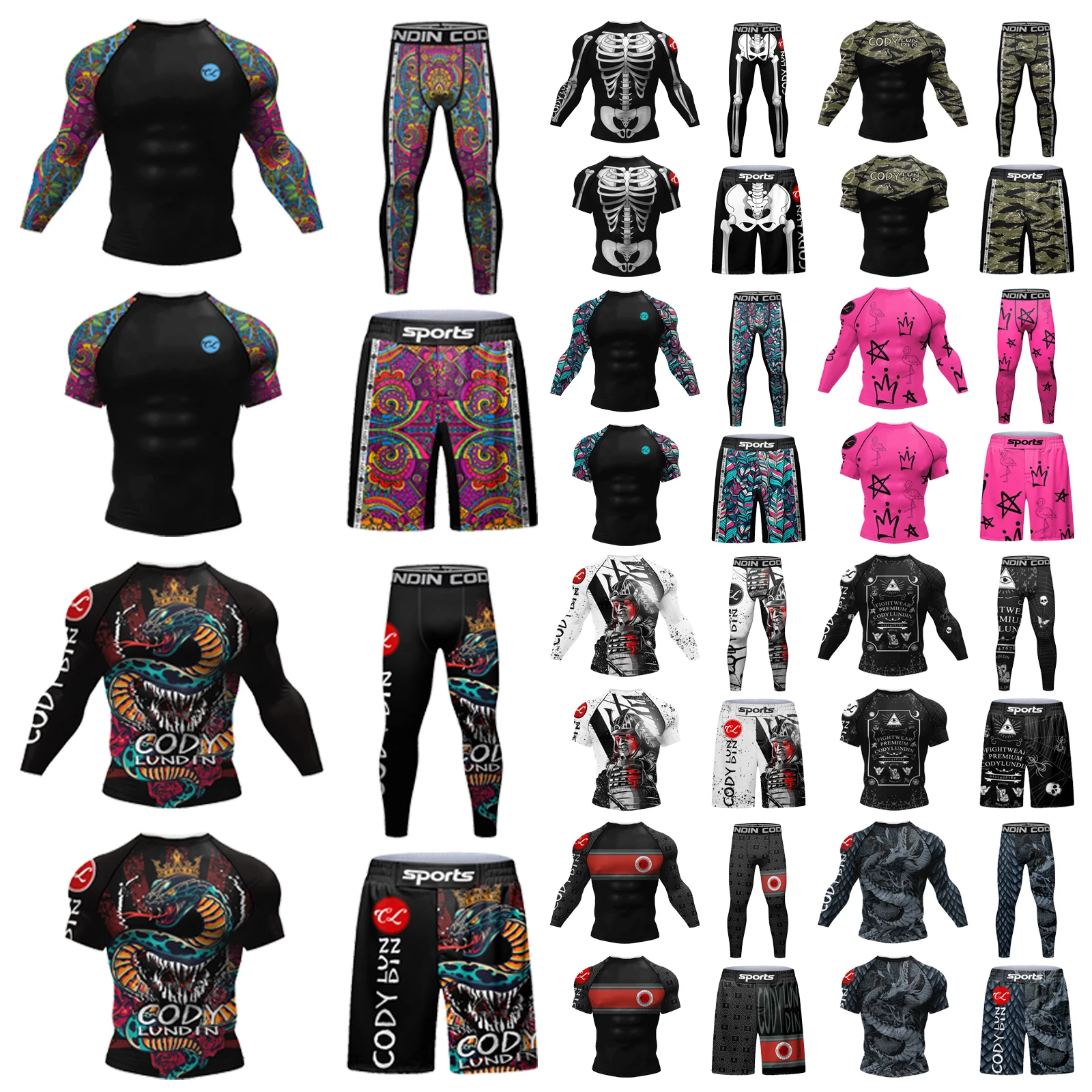 4 Pieces Cody Lundin Sportsuit Skeletal Print  jiu jitsu Grappling Rashguard Set Men Running Gym Tracksuit Compression MMA kits 5