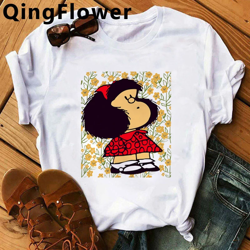 Mafalda T-shirt Women Summer harajuku casual short sleeve T-shirts Streetwear O-Neck Tops Tee 90s cartoon tshirt Female cute summer crop tops Tees